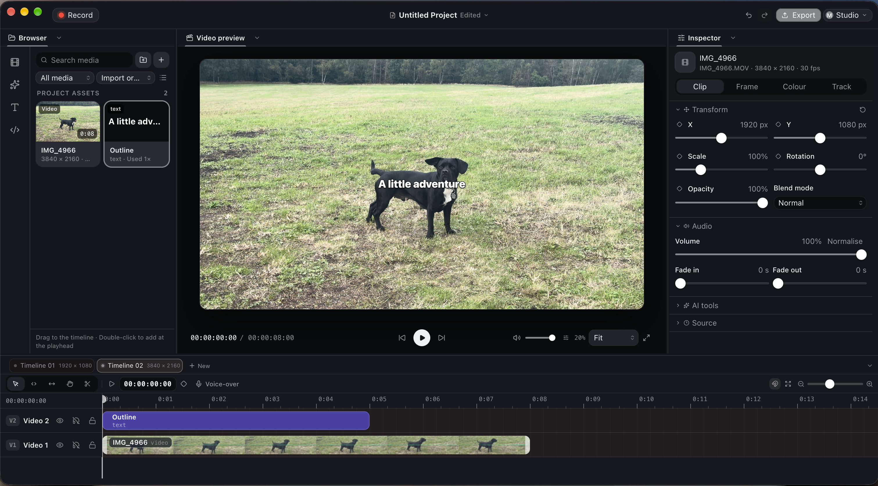 The ZXN Studio editor with dog footage open: media browser, video preview, inspector and a two-layer timeline.